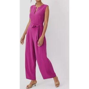 NEW ANN TAYLOR MAGENTA SHADOW SPLIT NECK SLEEVELESS TIE WAIST JUMPSUIT SZ 8